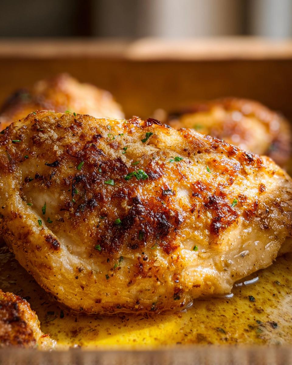 Close-up of a golden-brown, perfectly seared Melt in Your Mouth Chicken breast resting in savory pan juices.