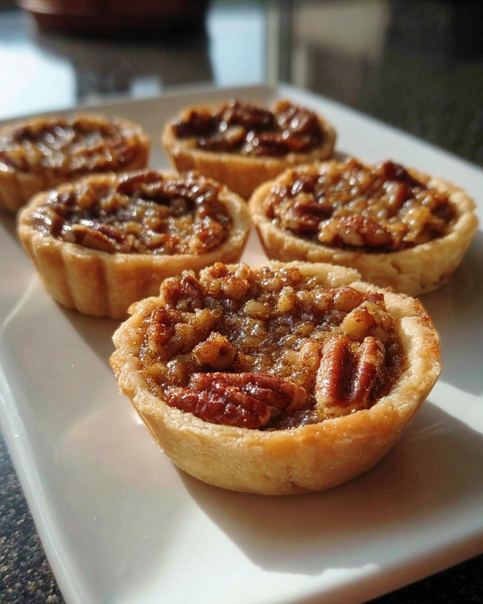 Close-up of mini pecan pies, showcasing flaky crusts filled with rich pecan filling, perfect for Restaurant-Style Thanksgiving Desserts.