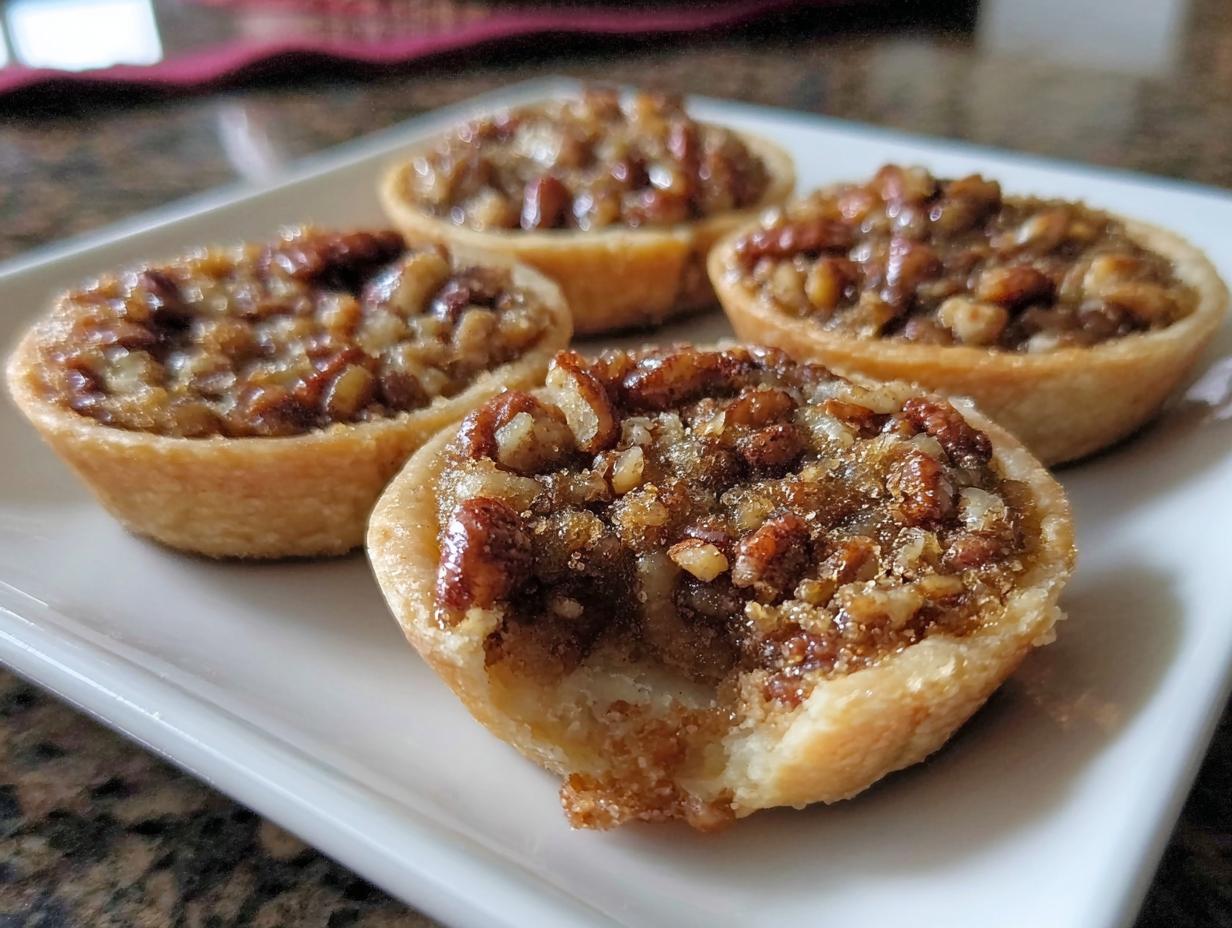 Close-up of mini pecan pies, showcasing flaky crusts filled with rich, gooey pecan filling, perfect for Restaurant-Style Thanksgiving Desserts.