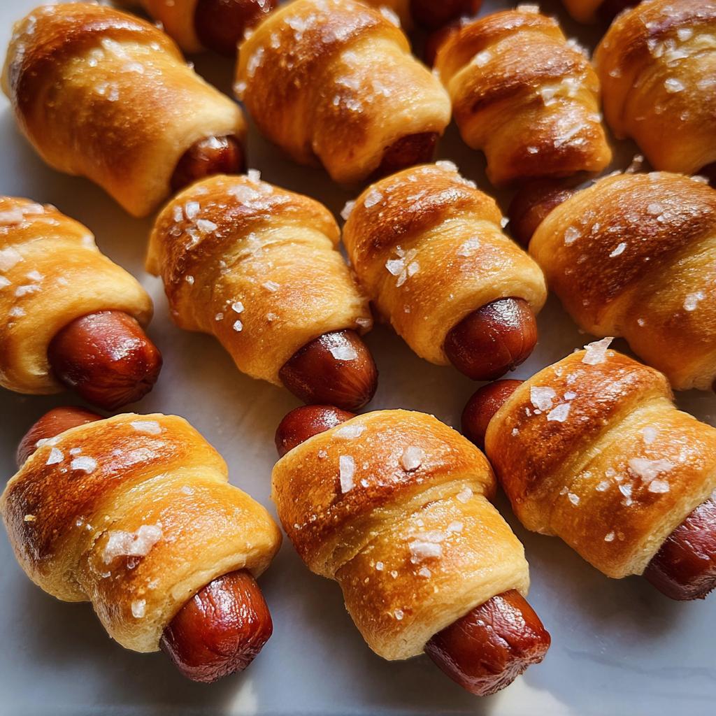 Close-up of freshly baked Mini Pigs in a Blanket, wrapped in golden dough and sprinkled with coarse salt.