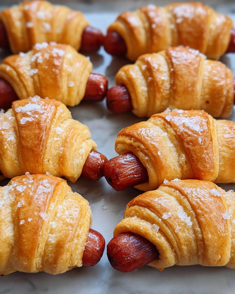 Close-up of freshly baked Mini Pigs in a Blanket sprinkled with coarse sea salt.