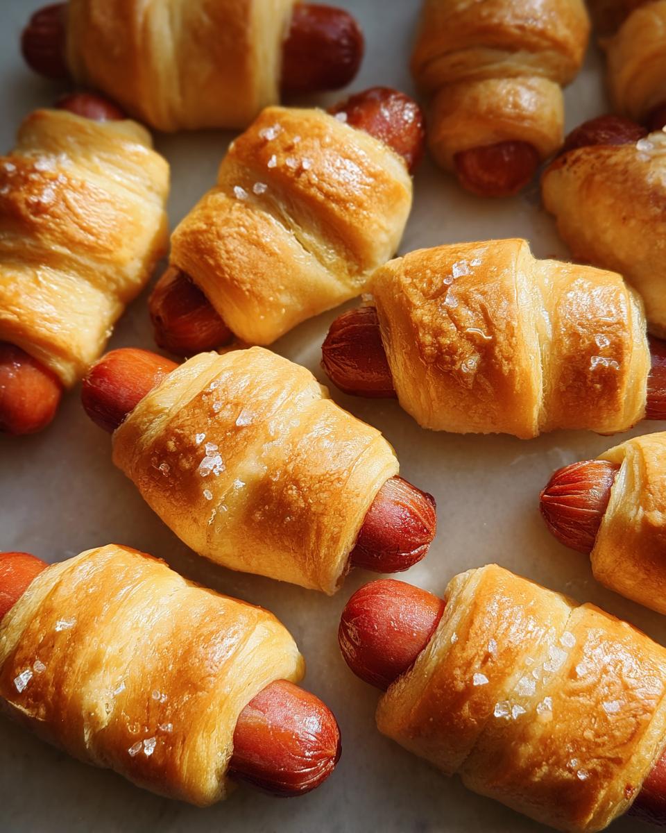 A close-up of freshly baked Mini Pigs in a Blanket, featuring golden crescent rolls wrapped around cocktail wieners and topped with coarse sea salt.