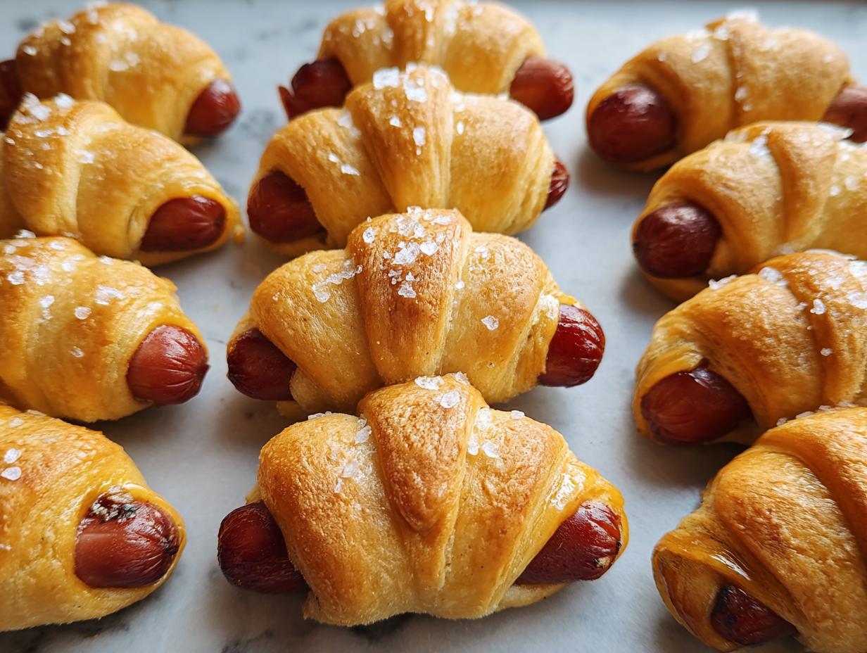 Close-up of freshly baked Mini Pigs in a Blanket sprinkled with coarse sea salt.