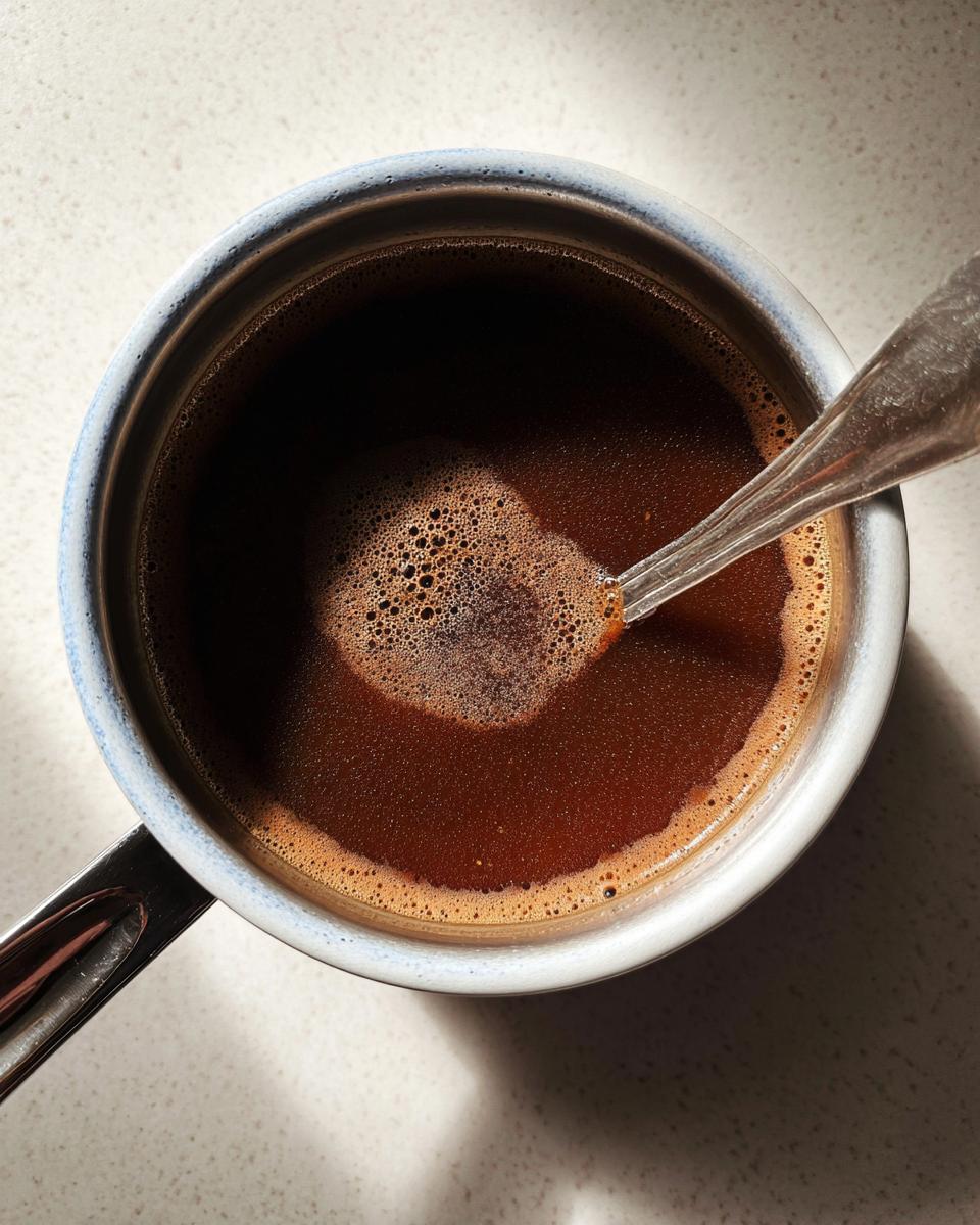 Close-up overhead shot of dark brown liquid being stirred in a small pot, representing dissolved Homemade Dry Au Jus Seasoning Mix.