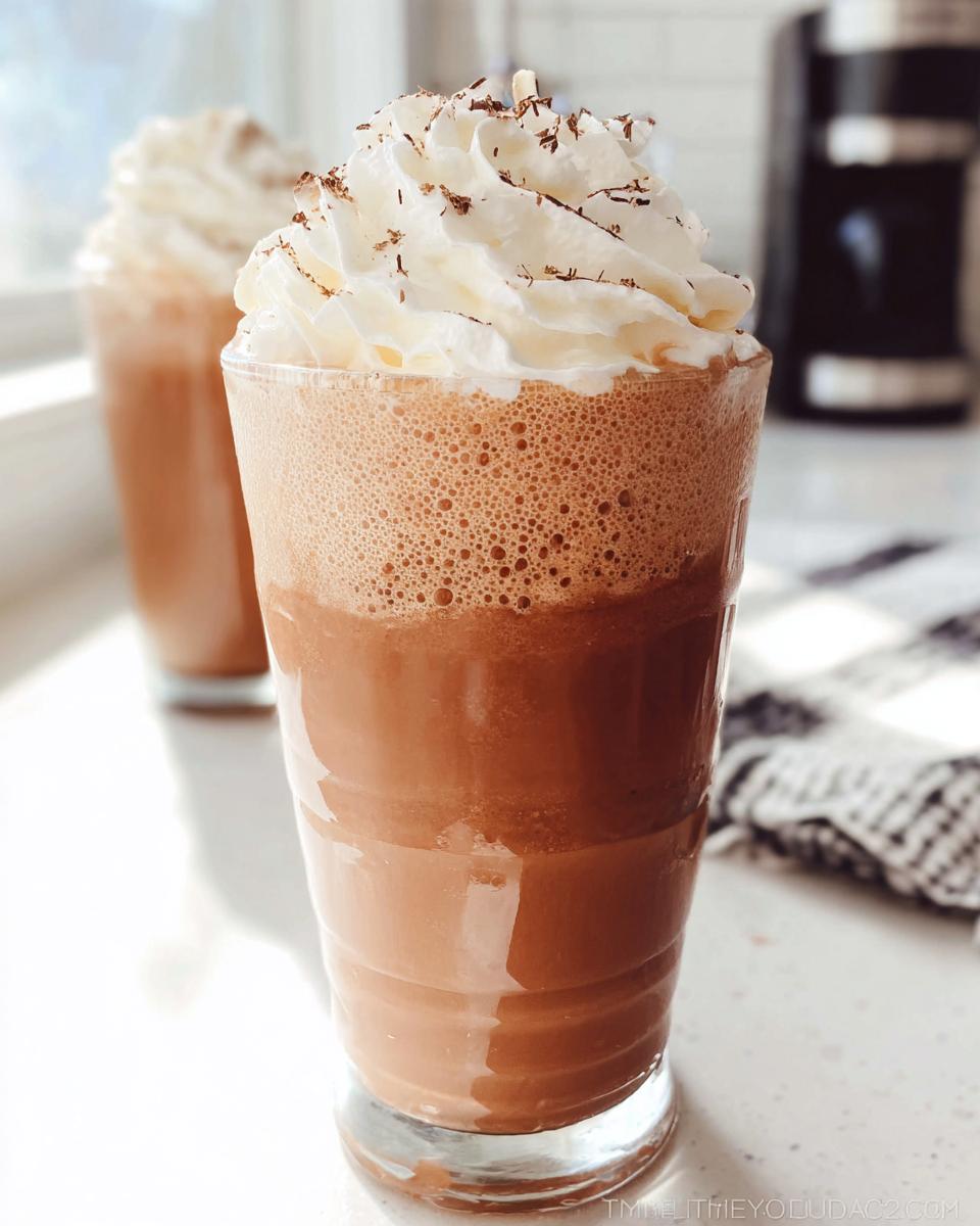 A tall glass filled with a blended Mocha Frappuccino, topped generously with whipped cream and chocolate shavings.