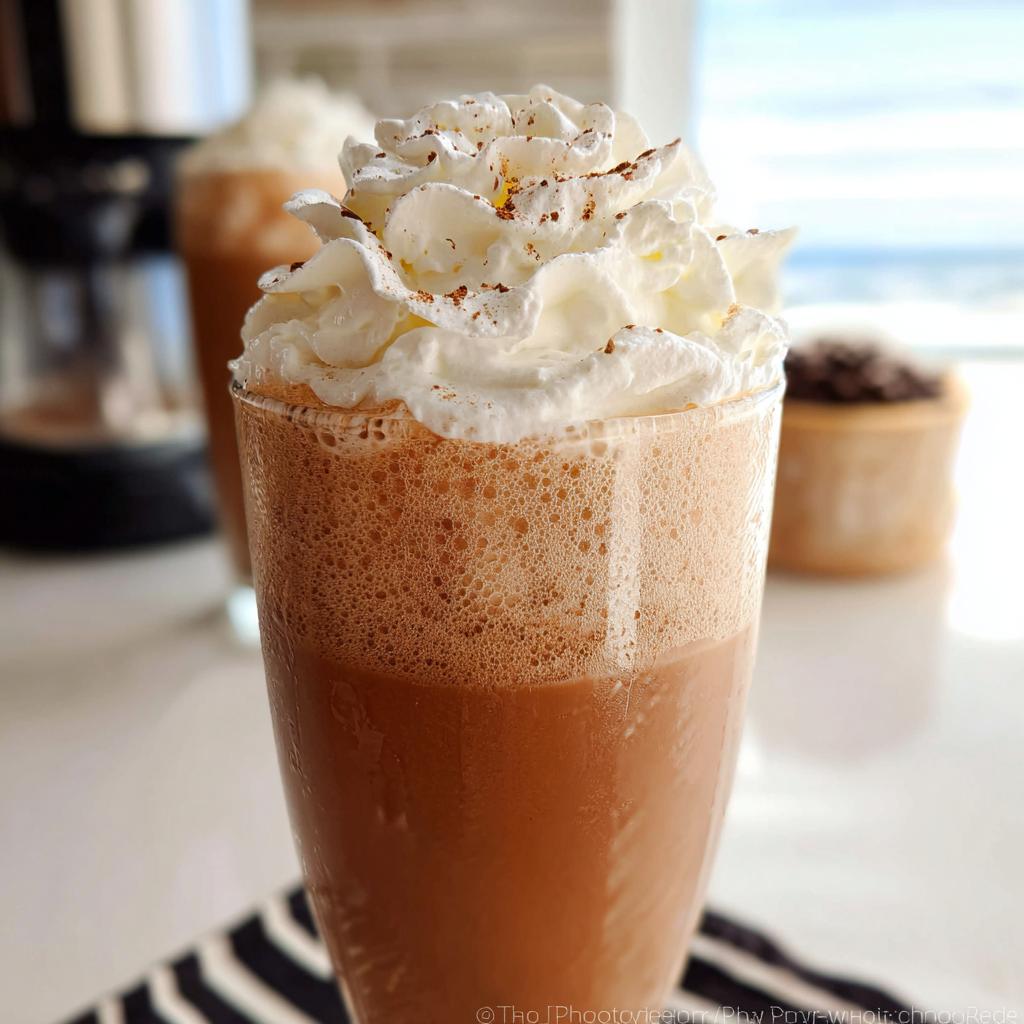Close-up of a tall glass filled with a frothy Mocha Frappuccino, topped generously with whipped cream and a dusting of cocoa.