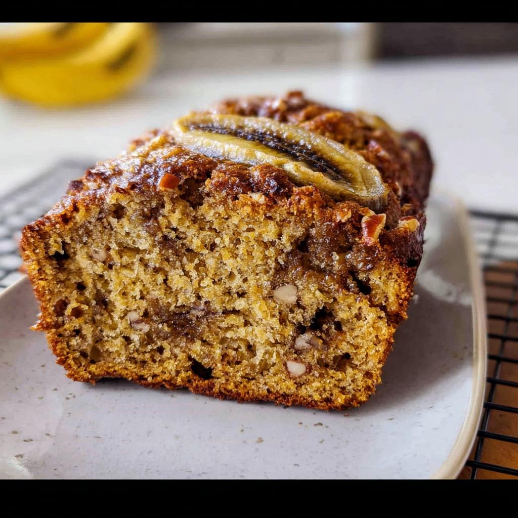 Close-up of a moist slice of Banana Bread Minis showing nuts and a caramelized banana topping.