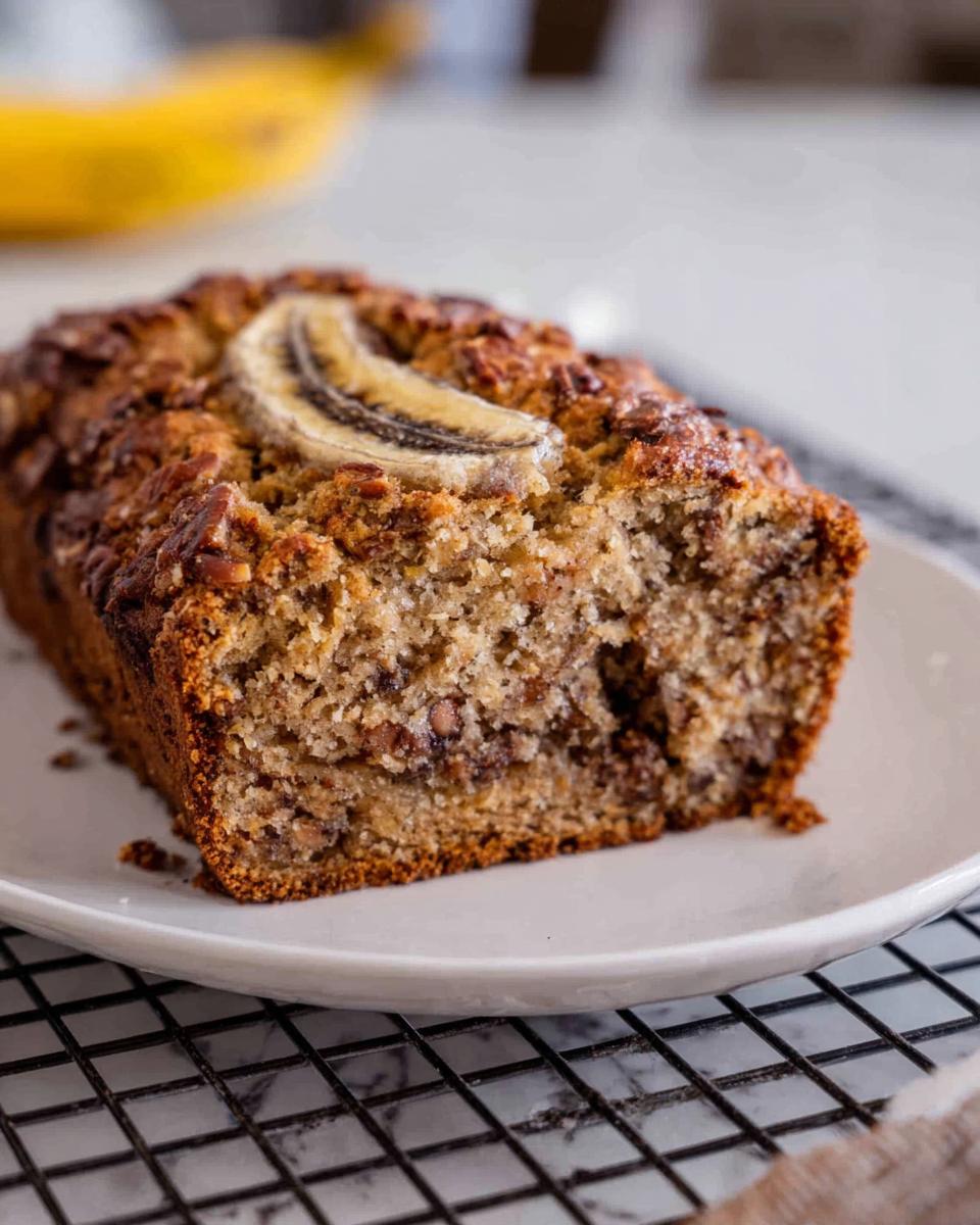 Close-up of a moist slice of Banana Bread Minis, topped with a banana slice and nuts, resting on a white plate.