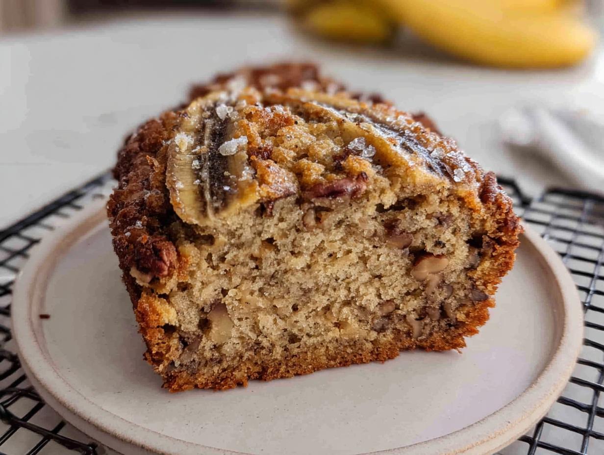 Close-up of a moist slice of Banana Bread Minis showing nuts and a caramelized banana topping sprinkled with sea salt.