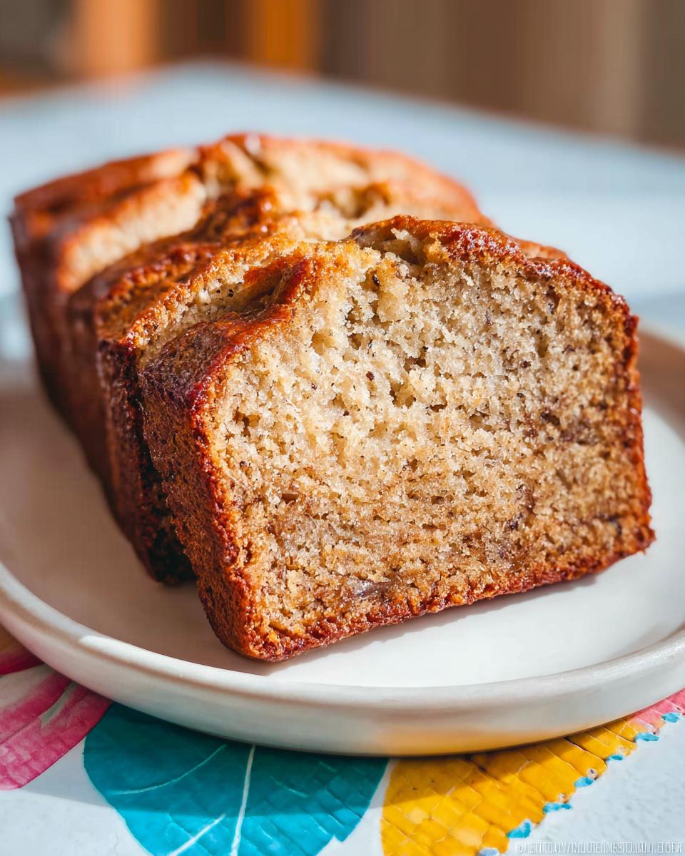 Close-up of moist slices of Banana Bread with Sour Cream showing a tender crumb and golden-brown crust.