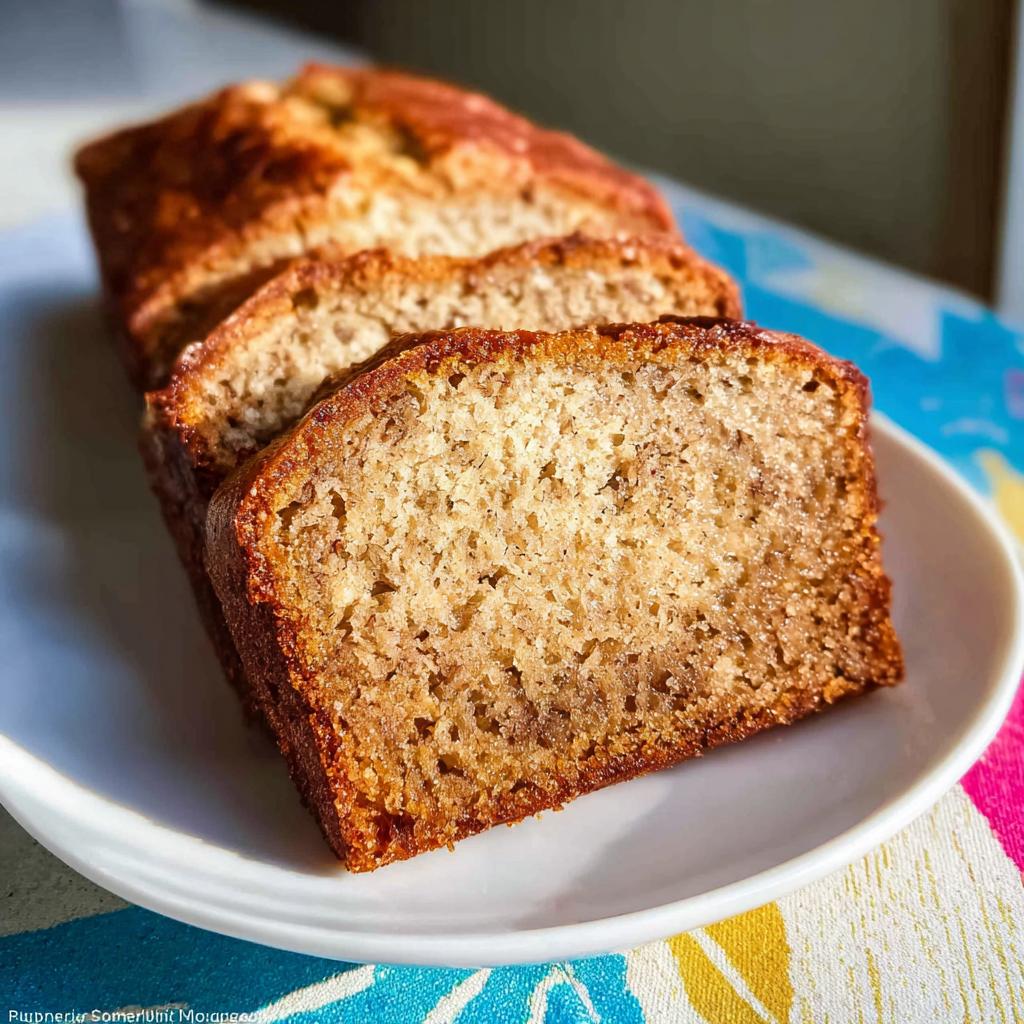 Close-up of three moist slices of Banana Bread with Sour Cream on a white plate.