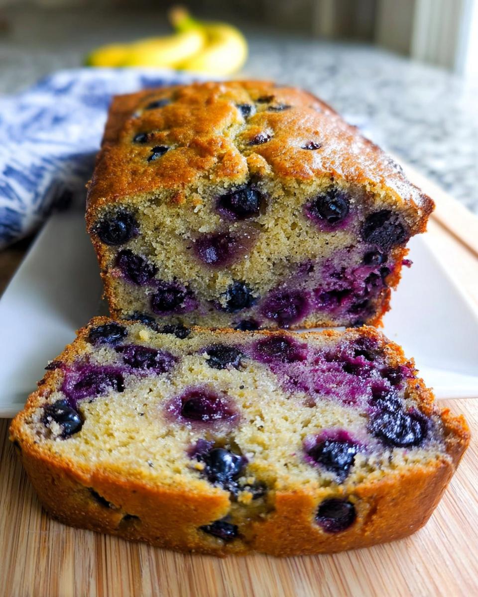 A close-up of a sliced loaf of moist Blueberry Banana Bread showing vibrant blueberries throughout the crumb.