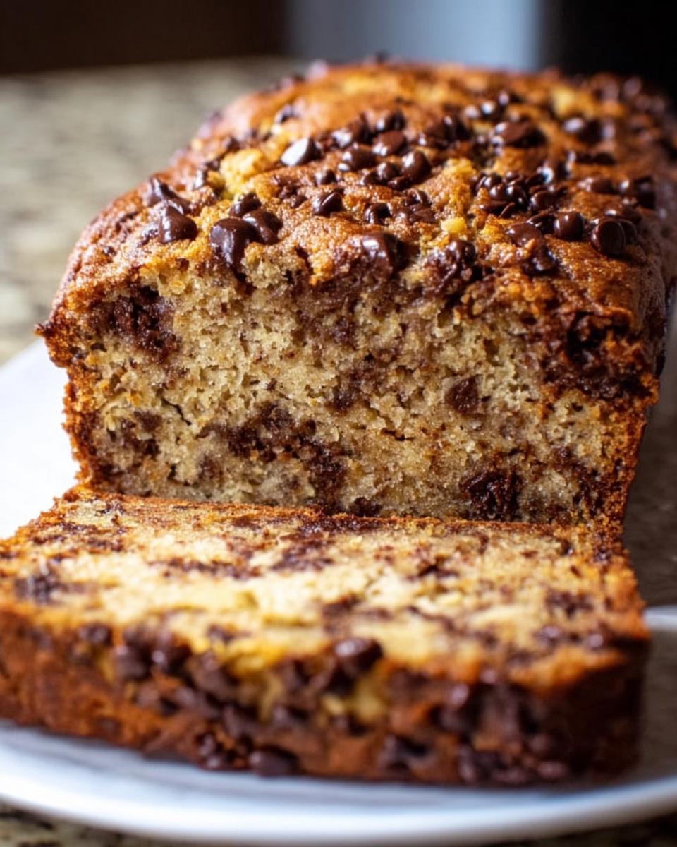Close-up of a loaf of moist Chocolate Chip Banana Bread with one slice cut and resting in front.