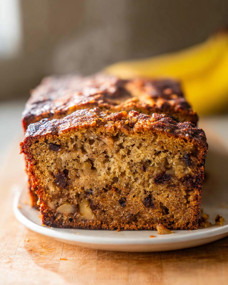 Close-up of a moist slice of Best Ever Banana Bread showing walnuts and raisins inside.