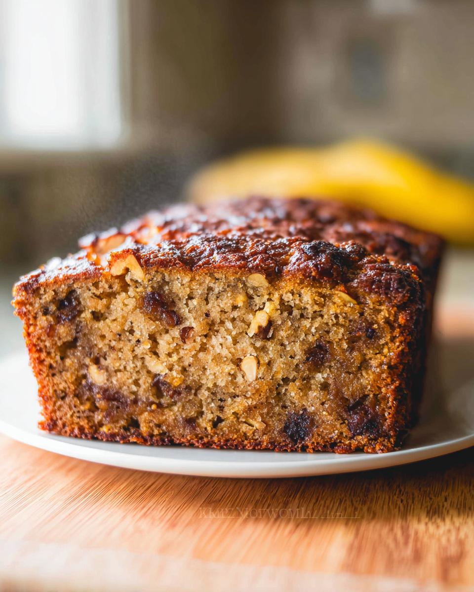 Close-up of a moist slice of Best Ever Banana Bread showing nuts and raisins baked inside.