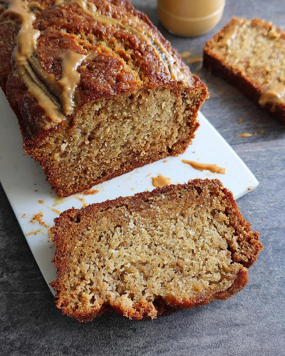 A loaf of moist Peanut Butter Banana Bread, sliced to show the crumb, drizzled with peanut butter.