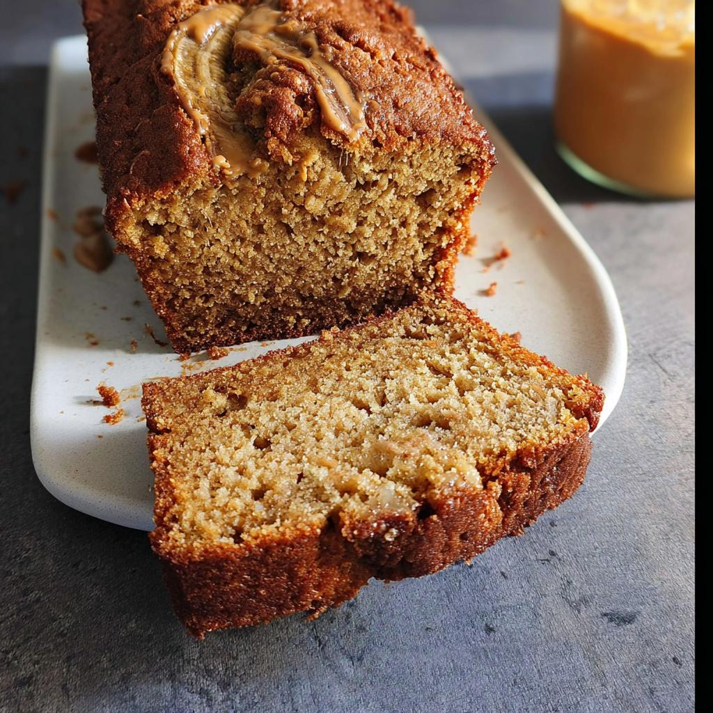 A loaf of moist Peanut Butter Banana Bread, partially sliced, showing the dense crumb and peanut butter swirl on top.