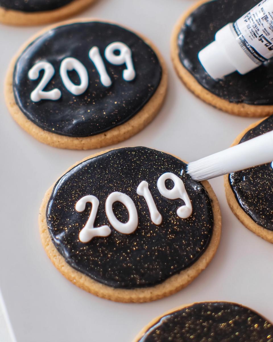 Close-up of round sugar cookies decorated for New Year’s Eve Cookies, featuring black sparkly icing and white '2019' piped numbers.
