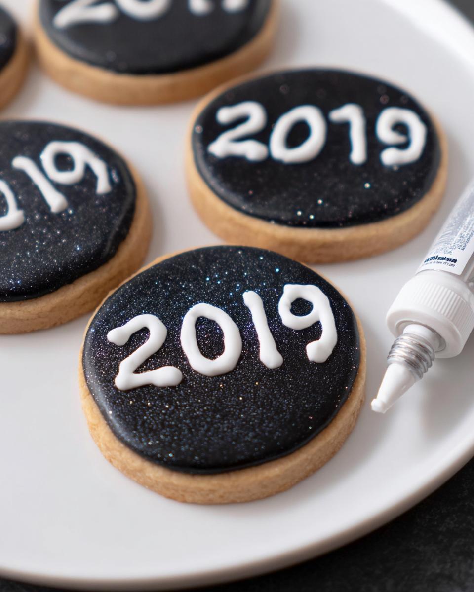 Close-up of round sugar cookies decorated for New Year’s Eve with black sparkly icing and '2019' written in white.