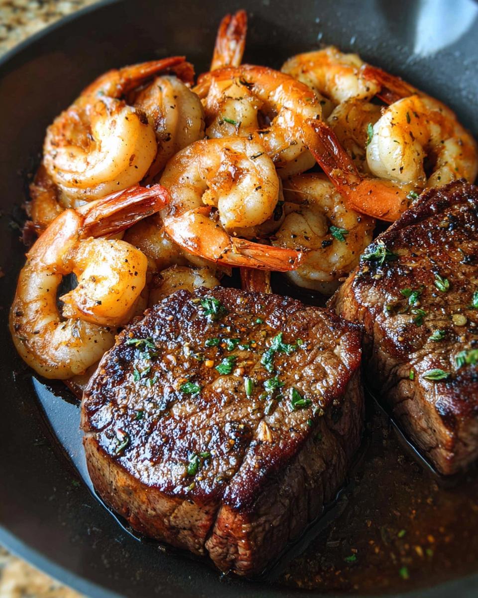 Close-up of two seared filet mignon steaks next to seasoned shrimp, showcasing a delicious NYE Surf and Turf meal.