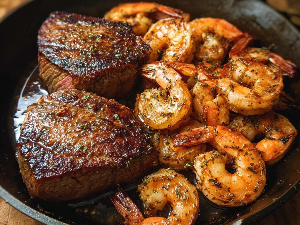 Close-up of perfectly seared steak and butter-garlic shrimp, the ultimate NYE Surf and Turf.