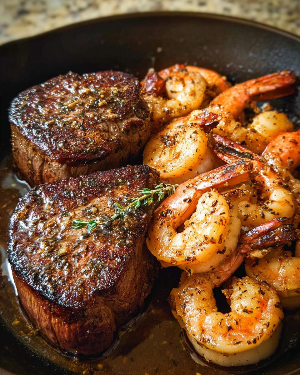 Close-up of perfectly seared filet mignon steaks next to seasoned shrimp, a classic NYE Surf and Turf.