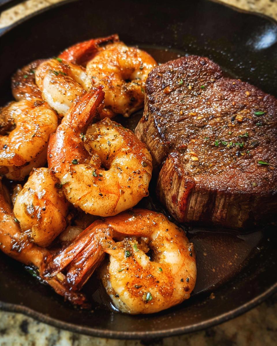 Close-up of a perfectly seared steak next to seasoned shrimp in a cast iron skillet, ideal NYE Surf and Turf.