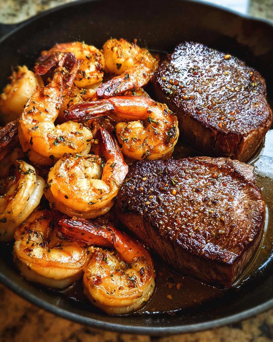 Close-up of two perfectly seared steaks and seasoned shrimp in a cast iron skillet, showcasing NYE Surf and Turf.