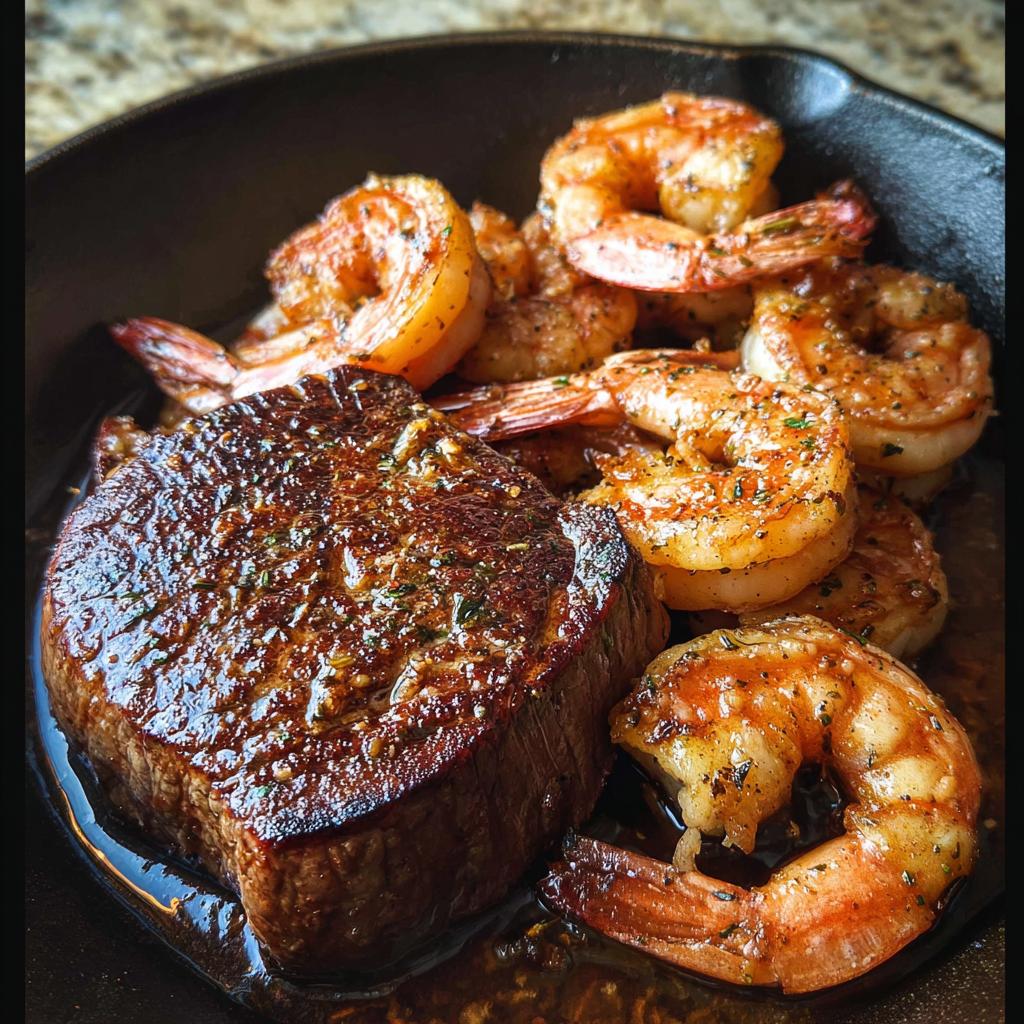A perfectly seared filet mignon steak served alongside seasoned, cooked shrimp in a cast-iron skillet, showcasing NYE Surf and Turf.