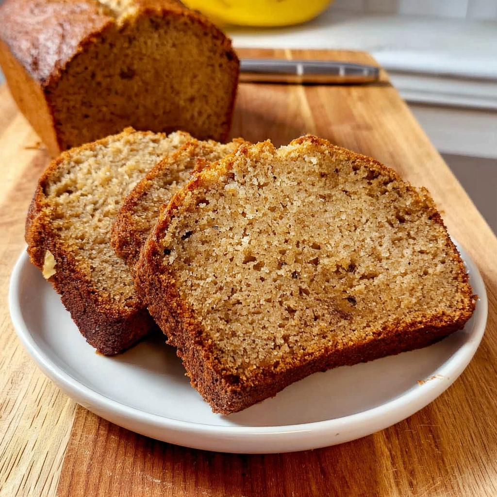 Close-up of three moist slices of One Bowl Banana Bread served on a white plate.