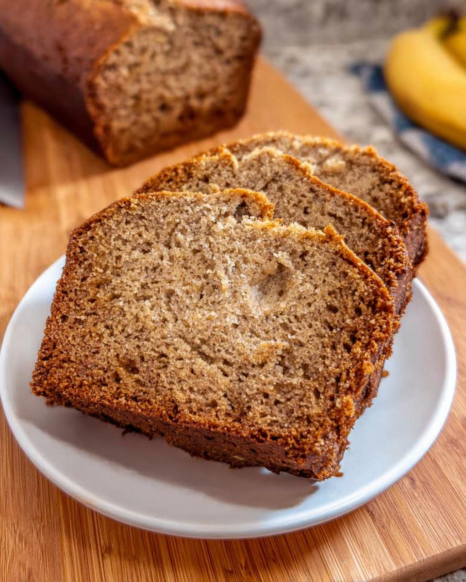Three thick slices of moist One Bowl Banana Bread displayed on a white plate with the loaf in the background.