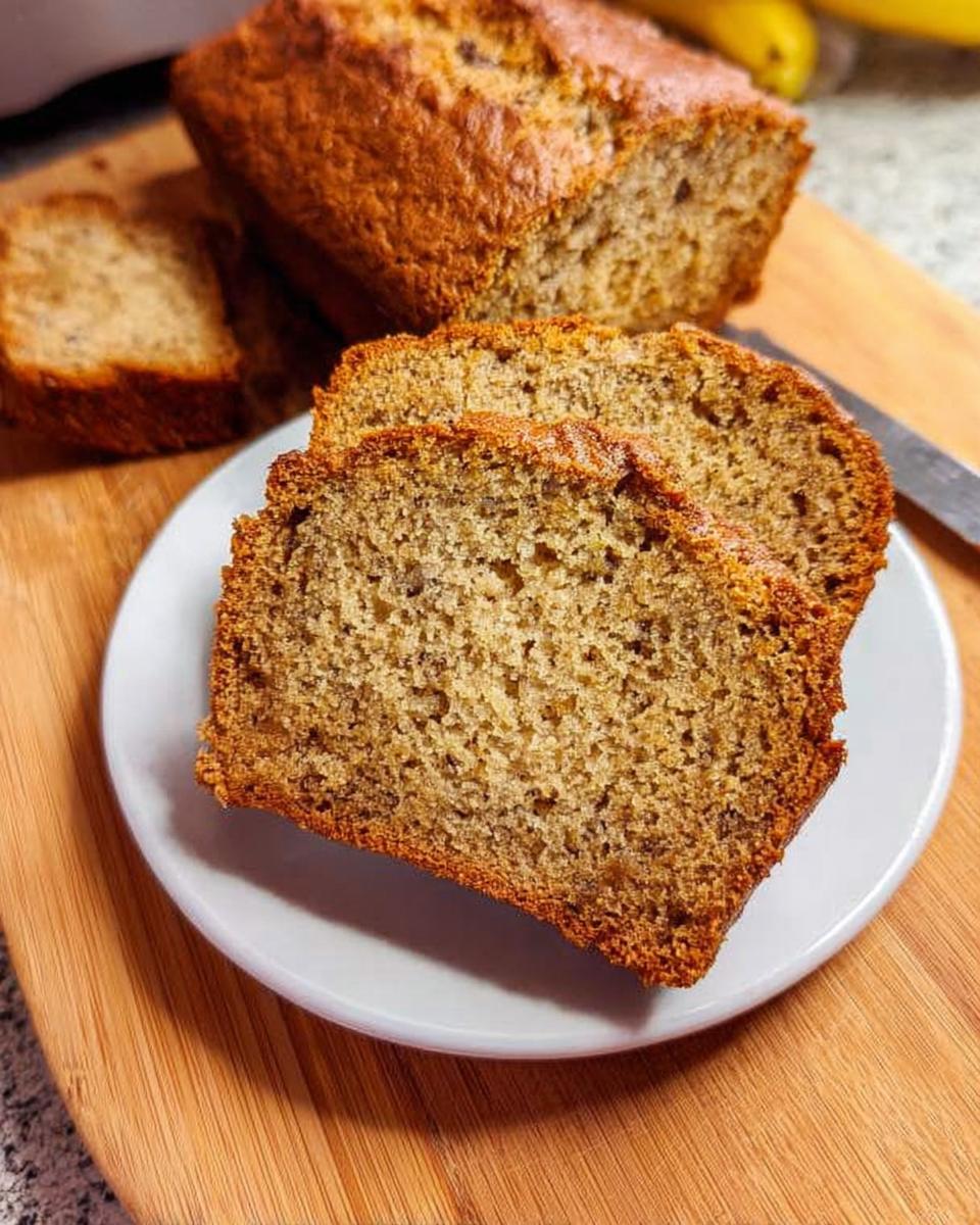 Two thick slices of moist One Bowl Banana Bread served on a white plate with the rest of the loaf in the background.