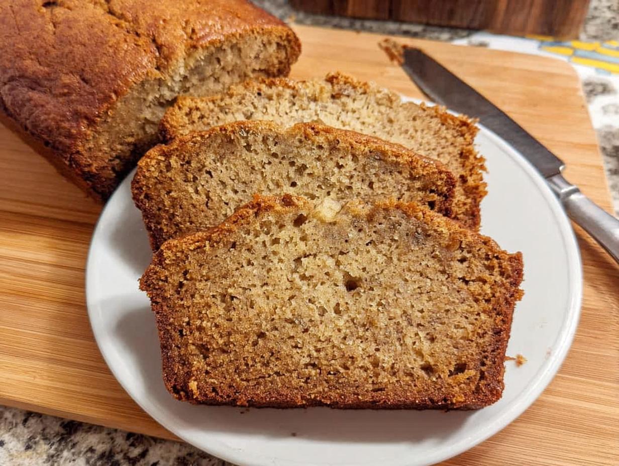 Three thick slices of moist One Bowl Banana Bread served on a white plate next to the rest of the loaf.