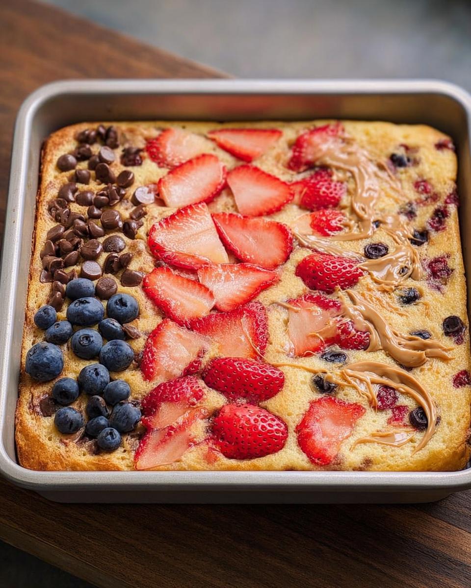 A square baking pan filled with a delicious one-pan breakfast, topped with strawberries, blueberries, chocolate chips, and drizzled peanut butter.