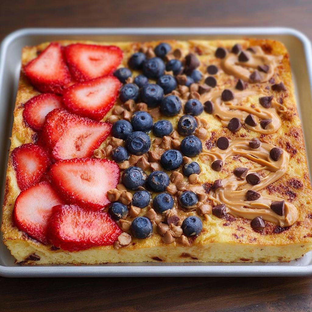 A one-pan breakfast bake topped with sliced strawberries, blueberries, peanut butter drizzle, and chocolate chips.