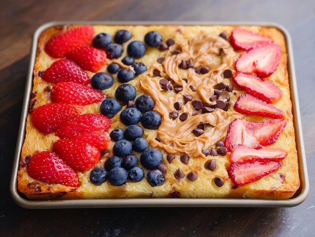 A golden-brown one-pan breakfast bake topped with fresh strawberries, blueberries, peanut butter swirls, and chocolate chips.
