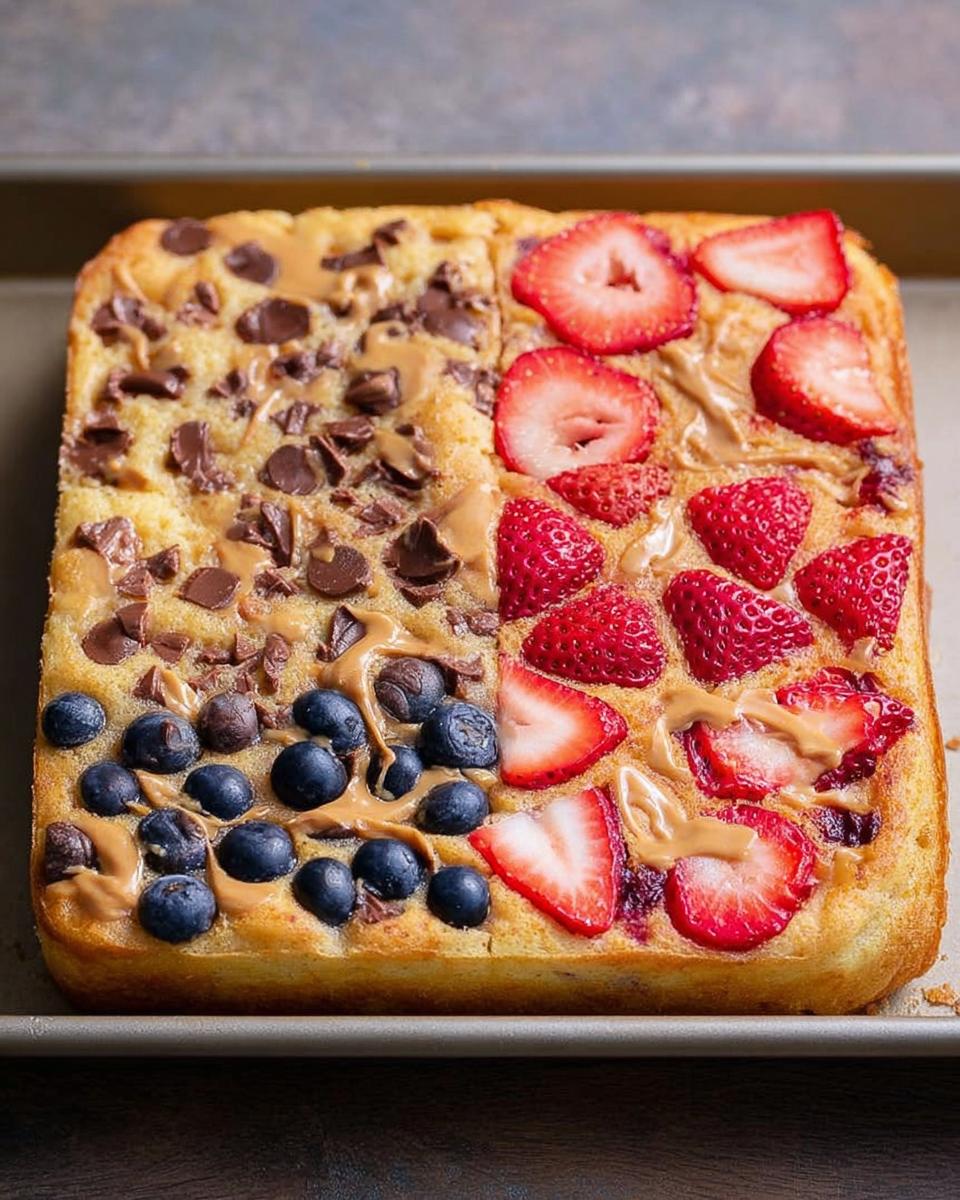 A square sheet pan pancake divided into four sections: chocolate chips, blueberries, strawberries, and peanut butter.