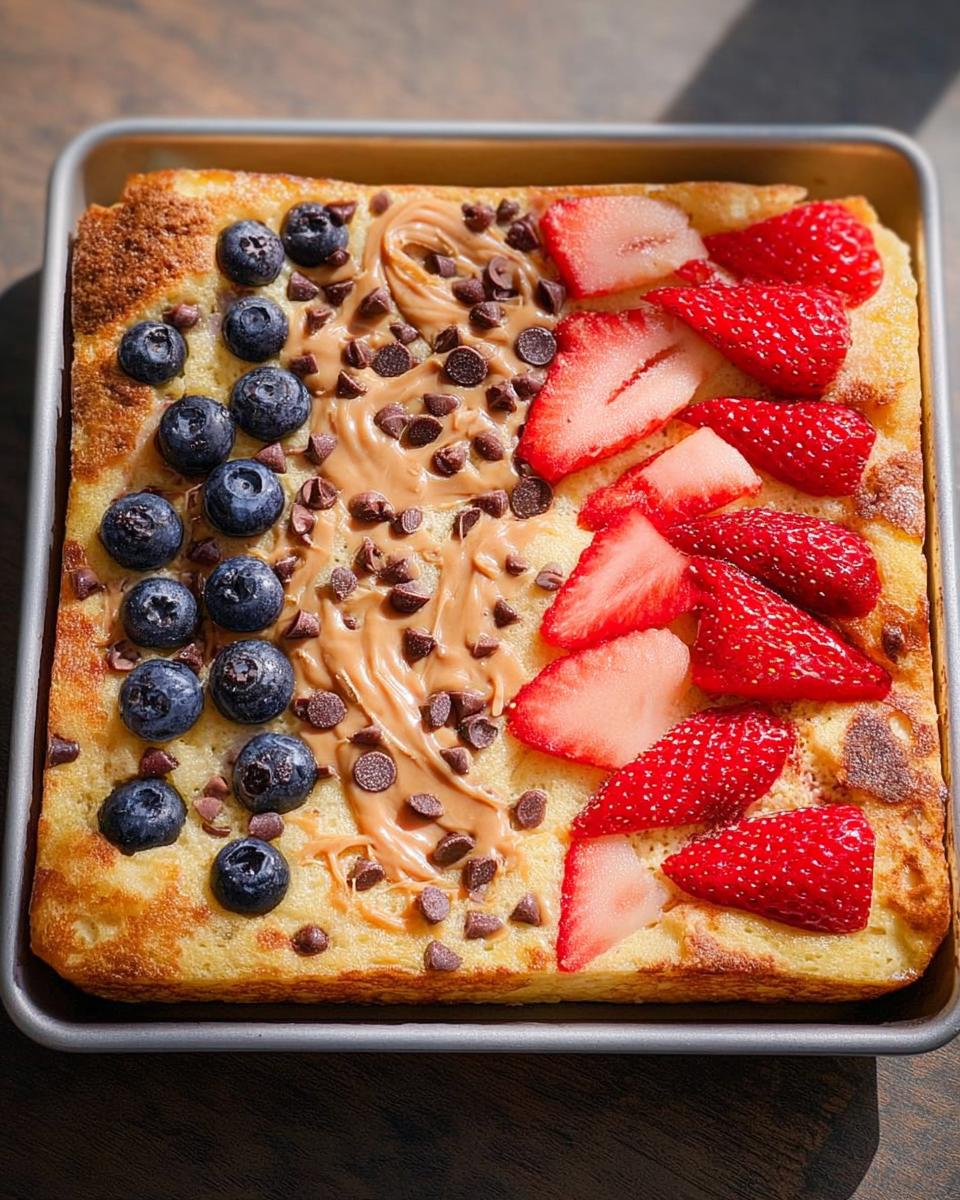 Overhead view of a sheet pan pancake topped with blueberries, peanut butter, chocolate chips, and strawberries.
