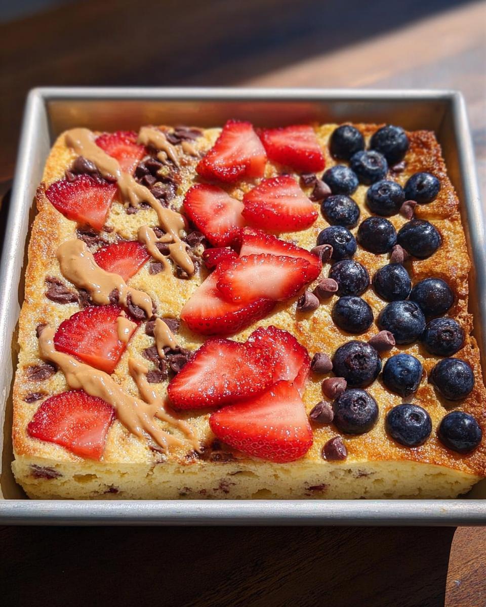 Close-up of a one-pan breakfast featuring sheet pan pancakes topped with strawberries, blueberries, chocolate chips, and peanut butter drizzle.