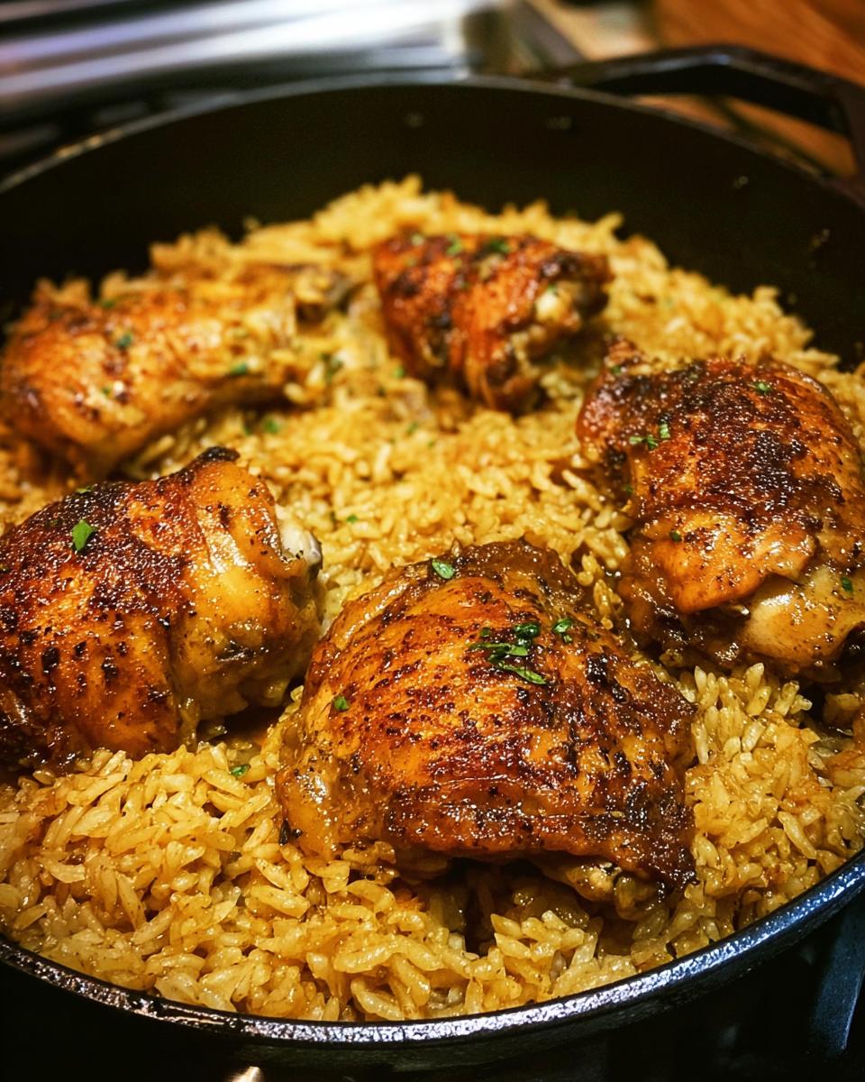 Close-up of golden-brown chicken thighs cooked with rice in a black skillet, a perfect One-Pan Chicken meal.