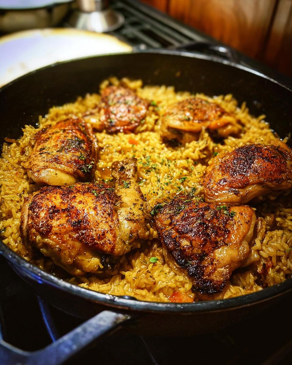 A close-up of a cast-iron skillet filled with golden rice and perfectly cooked pieces of One-Pan Chicken.