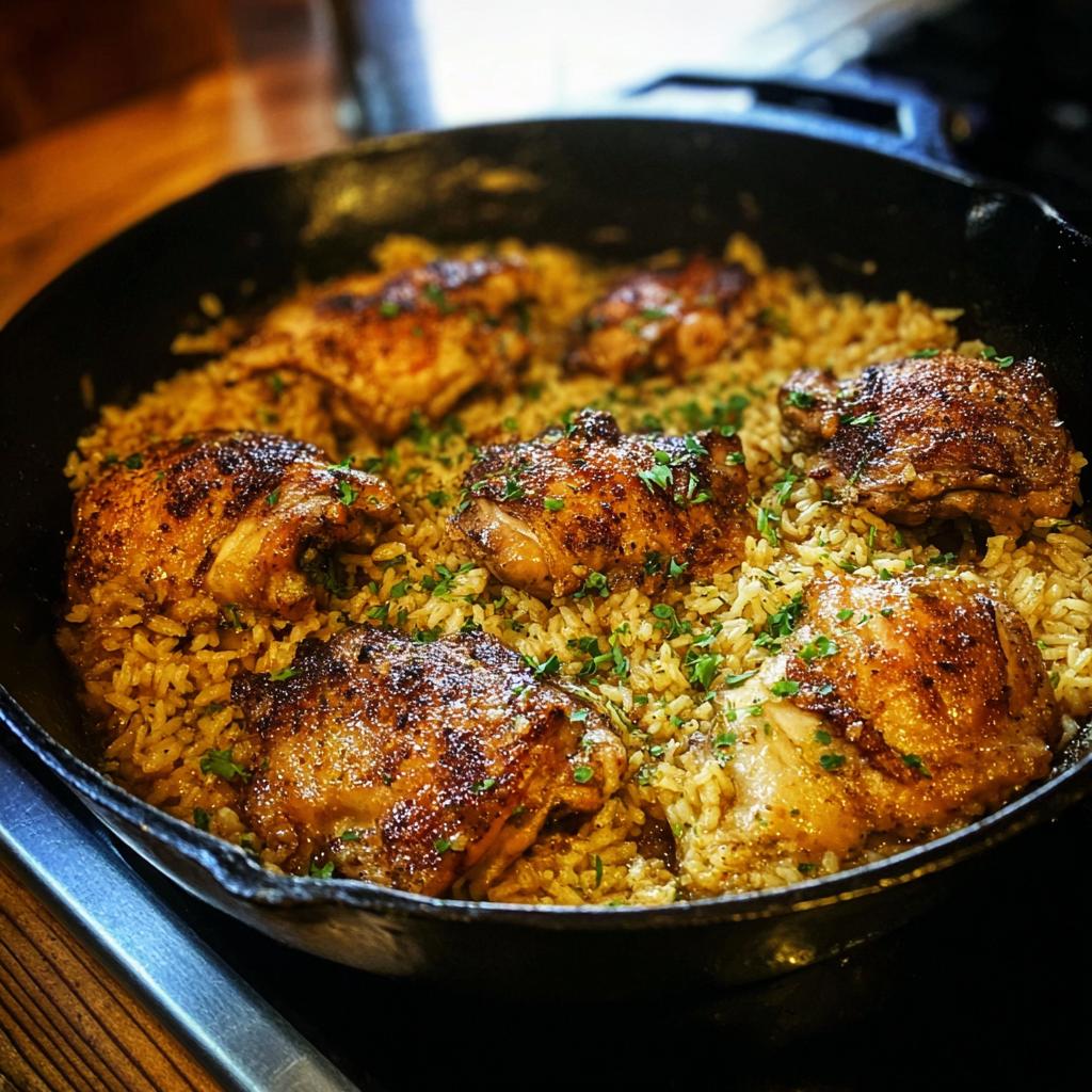 Golden brown, crispy skin One-Pan Chicken thighs nestled in fluffy rice, garnished with fresh parsley.