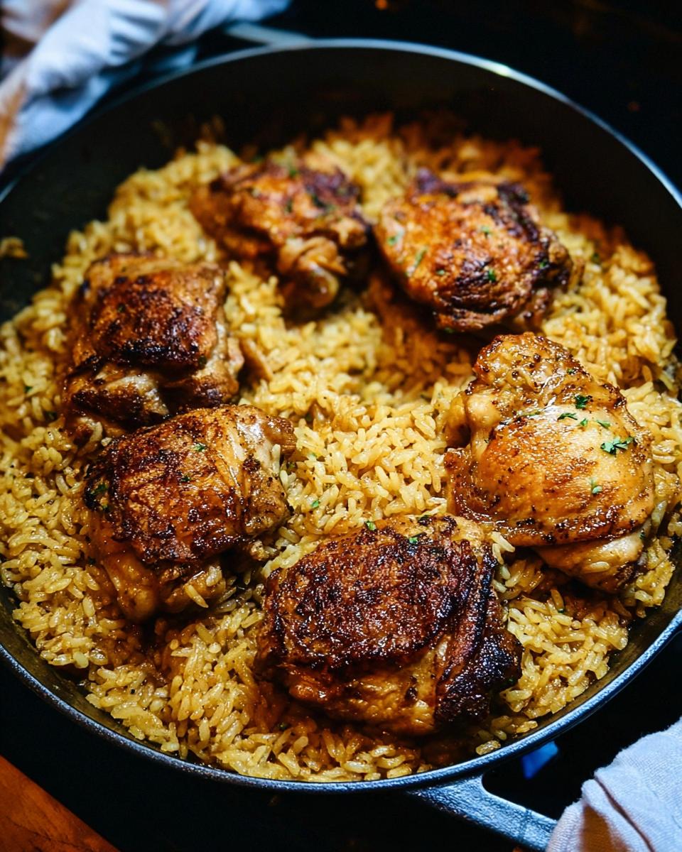 Close-up of a one-pan chicken dish with perfectly cooked rice and browned chicken thighs.
