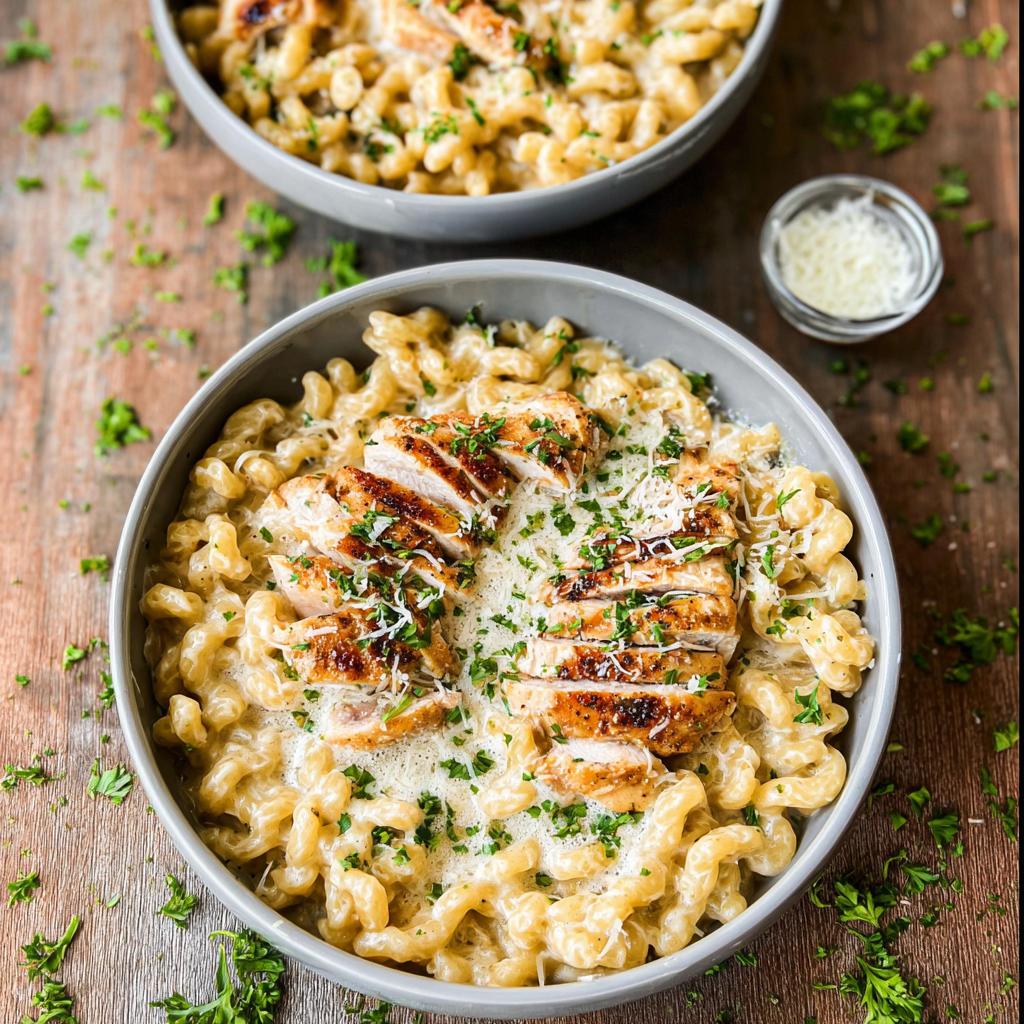 Close-up of One Pan Creamy Garlic Parmesan Chicken Pasta topped with sliced chicken and fresh parsley.
