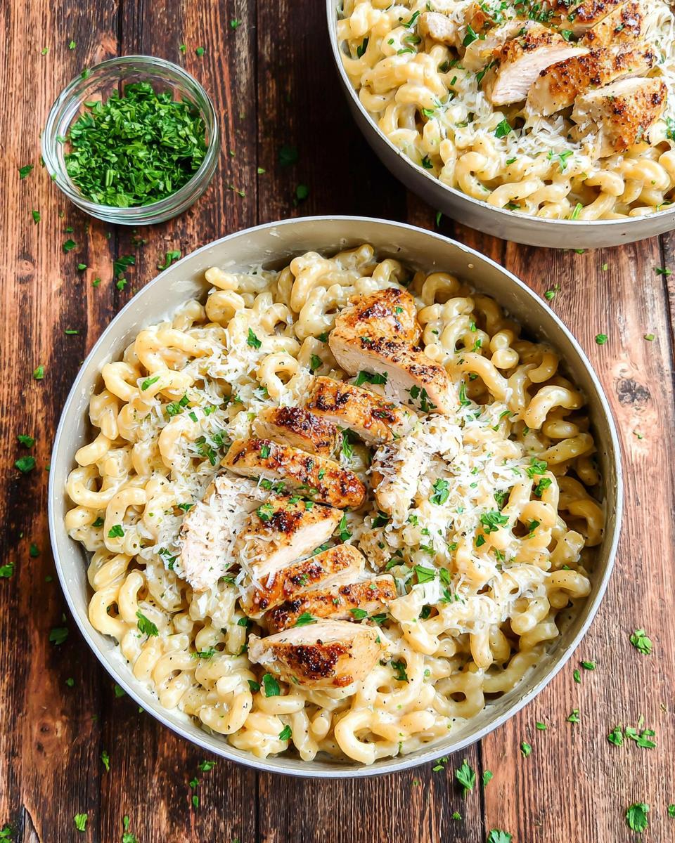 A bowl of One Pan Creamy Garlic Parmesan Chicken Pasta topped with sliced grilled chicken and grated cheese.