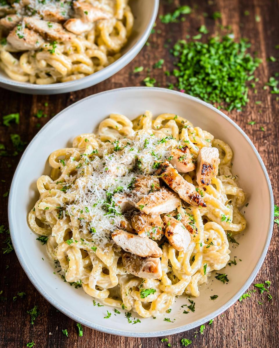 Close-up of a bowl of One Pan Creamy Garlic Parmesan Chicken Pasta topped with grilled chicken slices and grated cheese.
