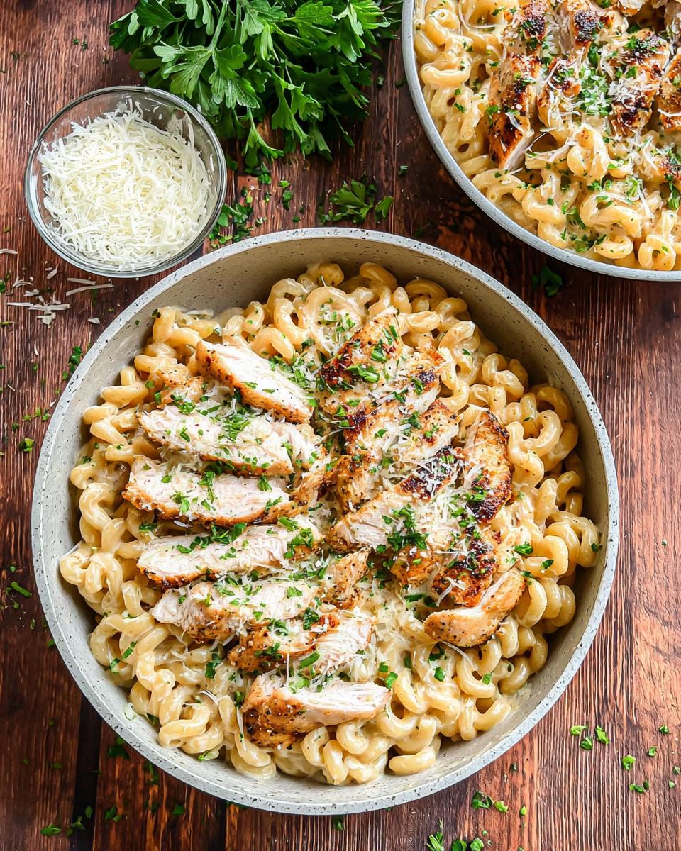 A bowl of One Pan Creamy Garlic Parmesan Chicken Pasta topped with sliced grilled chicken and fresh parsley.