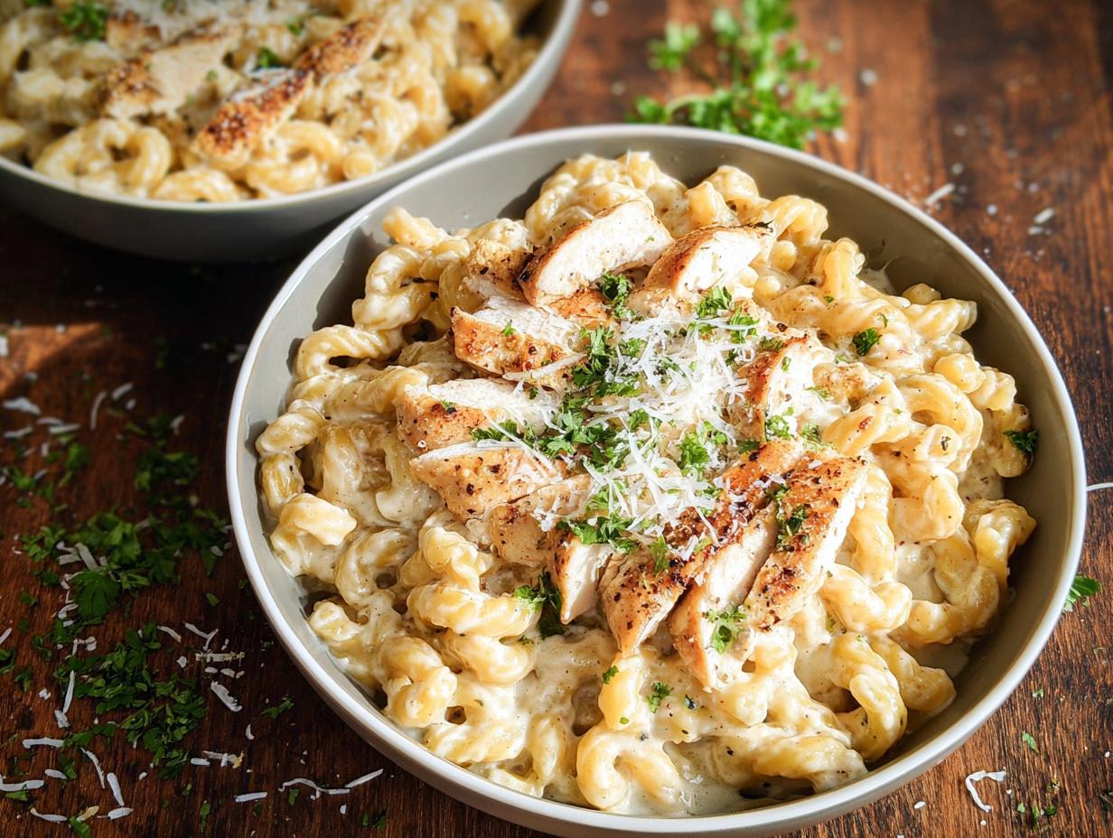 A close-up of One Pan Creamy Garlic Parmesan Chicken Pasta topped with sliced chicken and grated cheese.