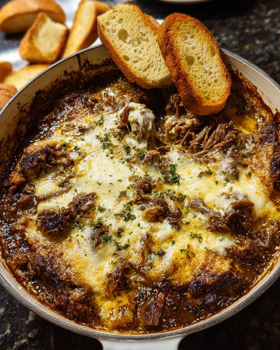 A bubbling one-pan dinner recipe with shredded beef, melted cheese, and toasted bread slices.