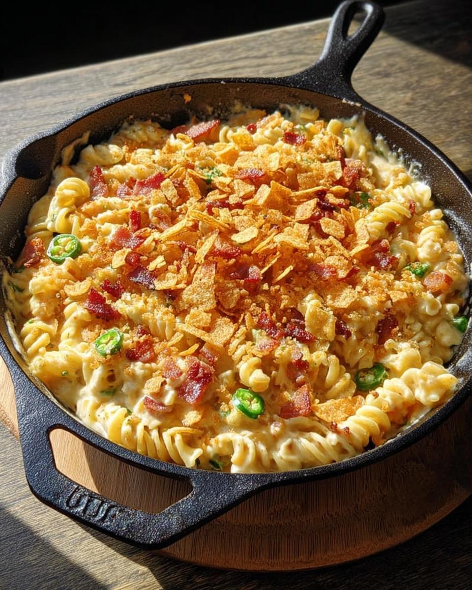 A cheesy pasta bake with bacon and jalapenos in a cast iron skillet, a perfect one-pan dinner idea.
